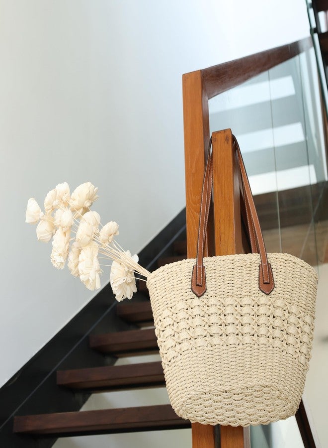 DENOVA stylish raffia handbag with leather handle for women, eco friendly tote with zipper, ideal for beach, shopping, work (Cream & Brown) - Image 5