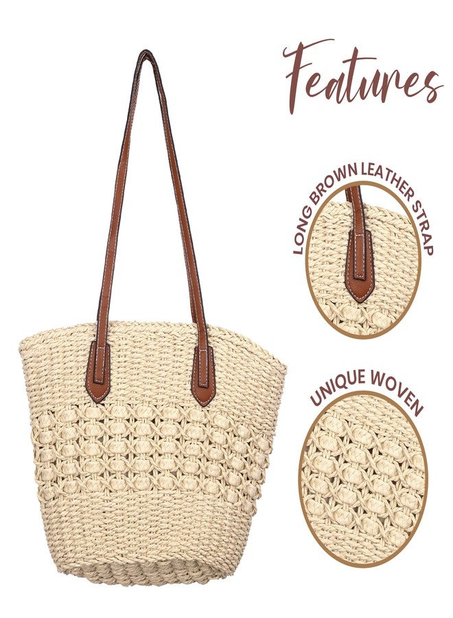 DENOVA stylish raffia handbag with leather handle for women, eco friendly tote with zipper, ideal for beach, shopping, work (Cream & Brown) - Image 2