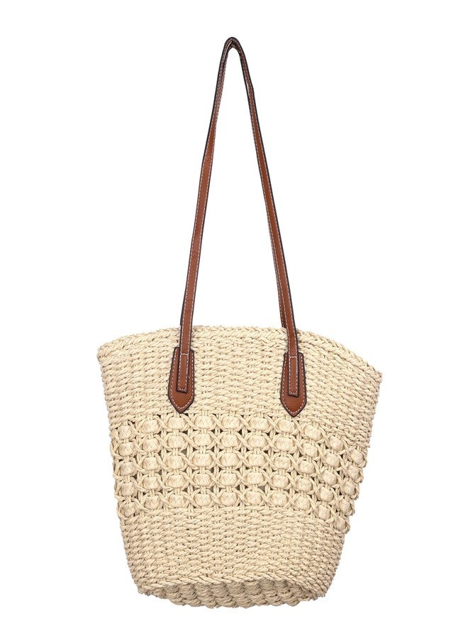 DENOVA stylish raffia handbag with leather handle for women, eco friendly tote with zipper, ideal for beach, shopping, work (Cream & Brown) - Image 1