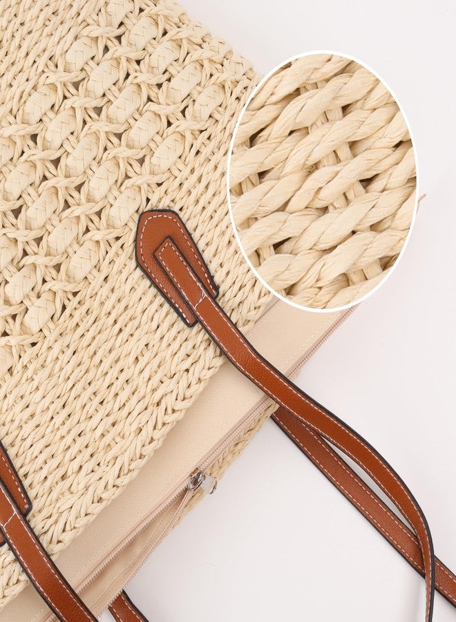DENOVA stylish raffia handbag with leather handle for women, eco friendly tote with zipper, ideal for beach, shopping, work (Cream & Brown) - Image 4