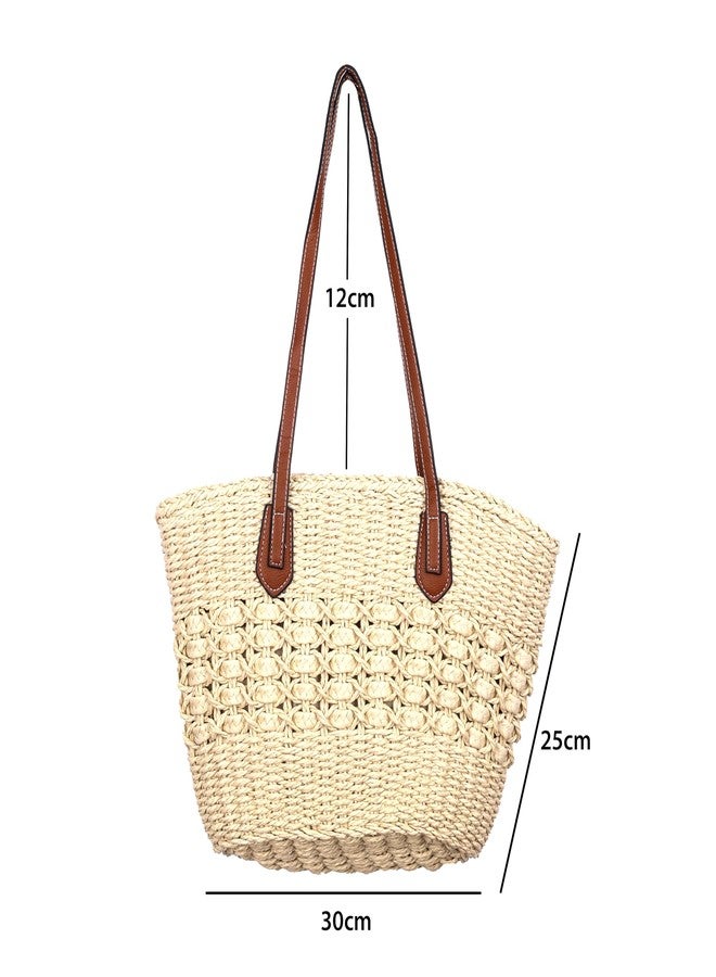 DENOVA stylish raffia handbag with leather handle for women, eco friendly tote with zipper, ideal for beach, shopping, work (Cream & Brown) - Image 3