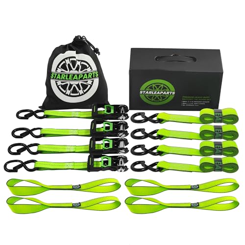 STARLEAPARTS Motorcycle Tie Down Strap (4PK) - 2,100lb Break Strength Premium 15ft Ratchet Tie Down Straps Set, Soft Loop Ratchet Straps for Moving Appliances, Lawn Equipment, Cargo Straps for Trucks - Image 1