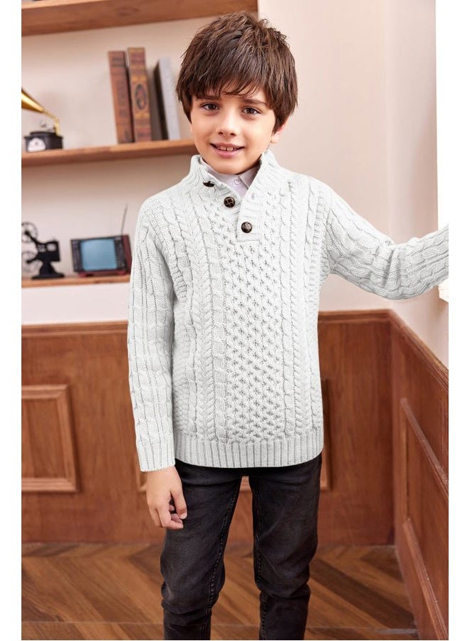 Makkrom Kids and Boys Mock Neck Pullover Sweater Long Sleeve Button Cable Knitted Jumper, Z- White, 6-8 Years - Image 3