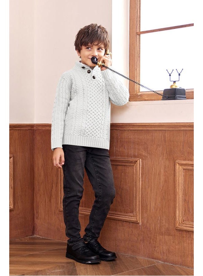 Makkrom Kids and Boys Mock Neck Pullover Sweater Long Sleeve Button Cable Knitted Jumper, Z- White, 6-8 Years - Image 4