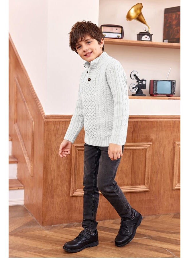Makkrom Kids and Boys Mock Neck Pullover Sweater Long Sleeve Button Cable Knitted Jumper, Z- White, 6-8 Years - Image 2