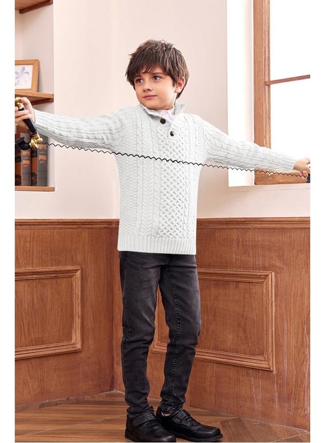 Makkrom Kids and Boys Mock Neck Pullover Sweater Long Sleeve Button Cable Knitted Jumper, Z- White, 6-8 Years - Image 5
