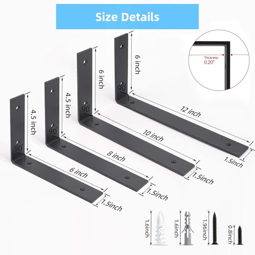 WEKIS 6-Pack Heavy Duty 12-Inch Black Shelf Brackets, L Shelf Bracket 12 Inch for Floating Shelves, 1/5-Inch Thick - Image 5