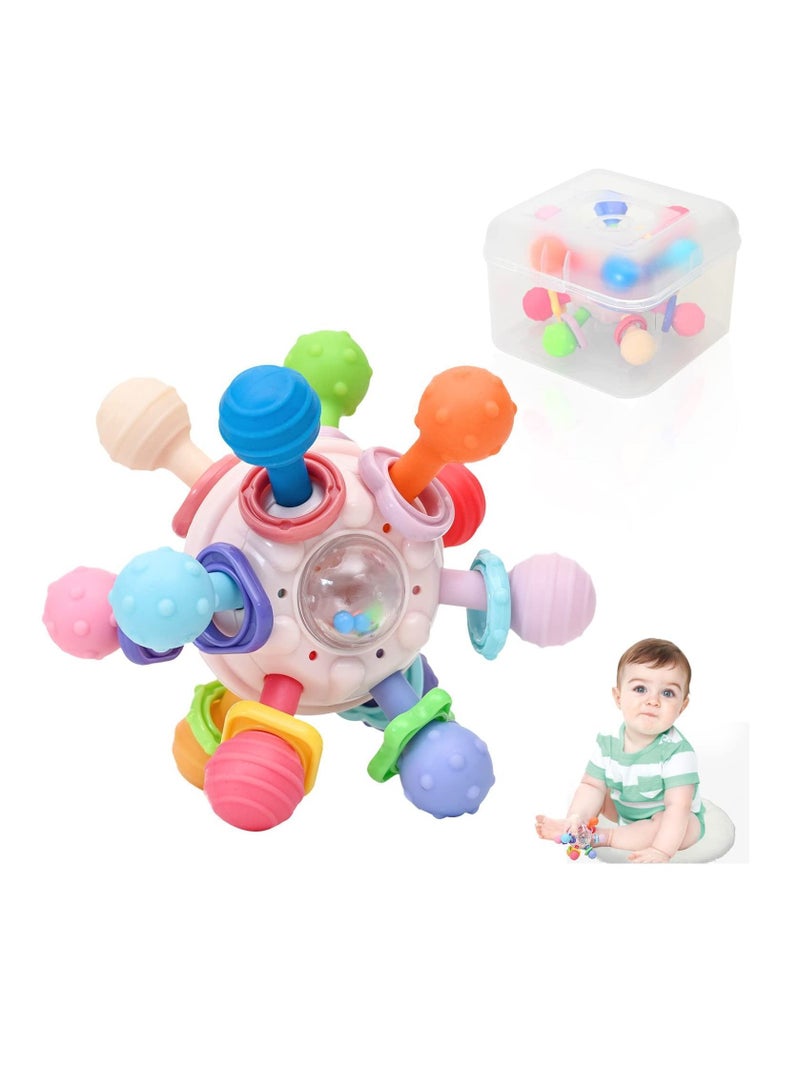 NIBEMINENT Baby Sensory Toy Teething Toy, Montessori Grasping Activities Toys Chew Ball Rattle for Infant 3 Months+ with Box, Teethers Toys, Pink - Image 1