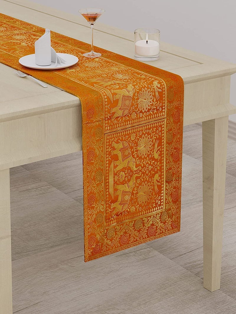 EEzra Silk Banarsi Brocade Traditional Table Runner for Dining Table 4 6 Seater Table Cloth Rectangle Coffee Table Cloth 152 cm Mustard Yellow