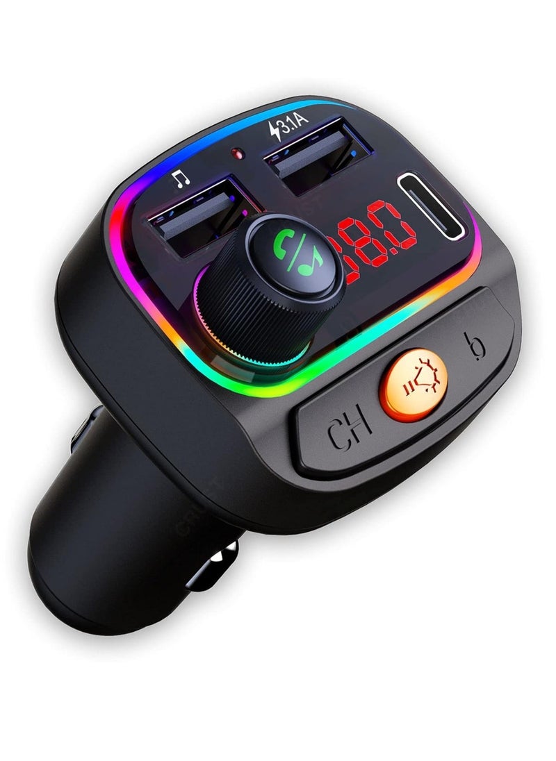 JAJEEK - Car Bluetooth Device [Upgraded BT v5.3] with Call Receiver, FM Transmitter for Music System & Dual USB + Type C Charger; 7 Colour LED Lights; 6 EQ Presets; USB MP3 Support; Voice Assistant - Image 1