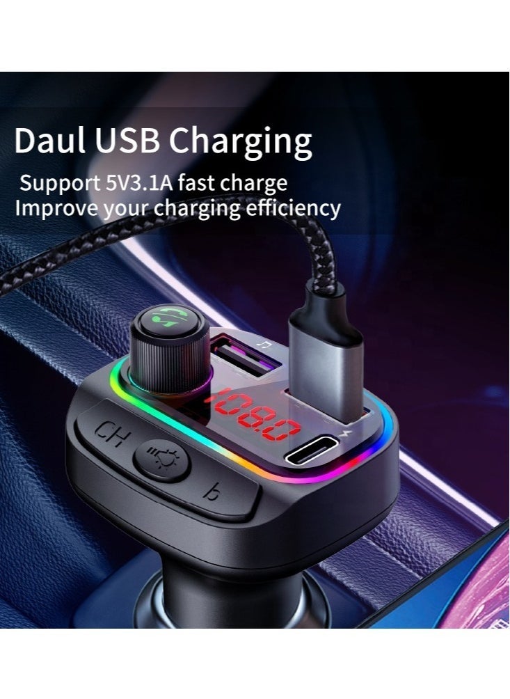 JAJEEK - Car Bluetooth Device [Upgraded BT v5.3] with Call Receiver, FM Transmitter for Music System & Dual USB + Type C Charger; 7 Colour LED Lights; 6 EQ Presets; USB MP3 Support; Voice Assistant - Image 1