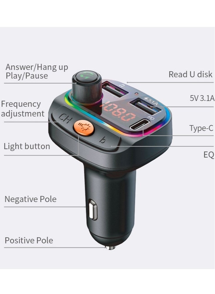 JAJEEK - Car Bluetooth Device [Upgraded BT v5.3] with Call Receiver, FM Transmitter for Music System & Dual USB + Type C Charger; 7 Colour LED Lights; 6 EQ Presets; USB MP3 Support; Voice Assistant - Image 1
