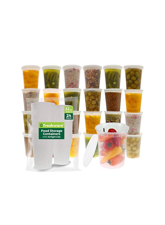 Freshware حاويات تخزين الطعام من فريش وير [24 مجموعة] 32 أونصة حاويات بلاستيكية مع أغطية، سلايم، حساء، حاويات تحضير الوجبات | خالية من BPA | قابلة للتكديس | مانعة للتسرب | آمنة للاستخدام في الميكروويف/غسالة الصحون/الفريزر - Image 1