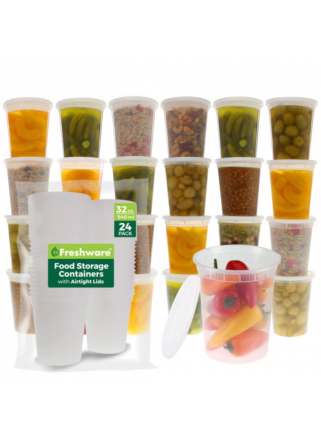 Freshware حاويات تخزين الطعام من فريش وير [24 مجموعة] 32 أونصة حاويات بلاستيكية مع أغطية، سلايم، حساء، حاويات تحضير الوجبات | خالية من BPA | قابلة للتكديس | مانعة للتسرب | آمنة للاستخدام في الميكروويف/غسالة الصحون/الفريزر - Image 2