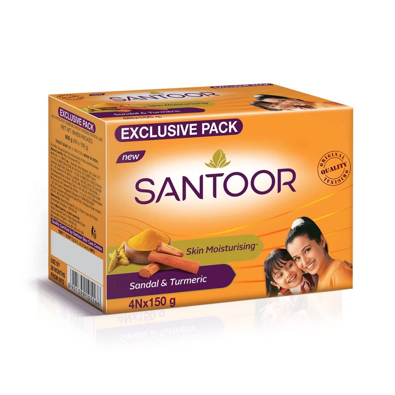 Santoor صابون الاستحمام بالترمس والكركم المرطب للبشرة من سانتور مع خصائص مضادة للشيخوخة للبشرة الناعمة والسلسة والشابة لجميع أنواع البشرة عبوة من 4 150غ - Image 1