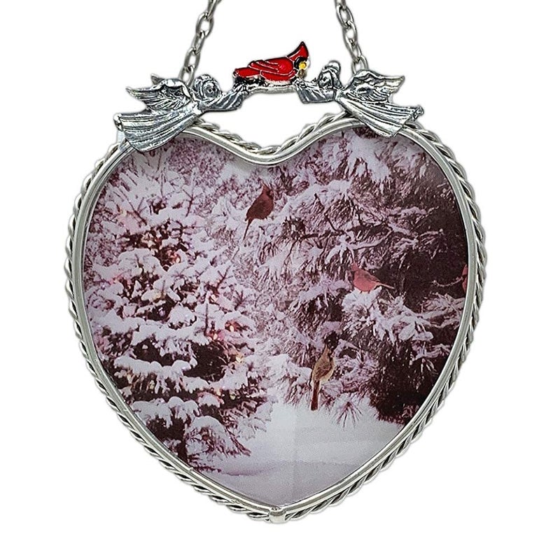 BANBERRY DESIGNS Cardinal Suncatcher  Red Cardinal Window Suncatcher  Christmas Heart  Holiday Window Decoration  Cardinals and Snow  Measures 4 X 4 14 