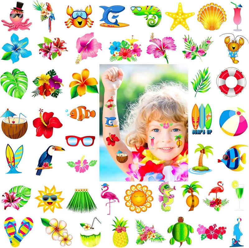 Konsait Summer Beach Pool Hawaiian Luau Themed Temporary Tattoos for Adults, 96 Assorted Tropical Tattoos, Tropical Party Decoration Supplies, Birthday Party Bag Filler, Party Favors