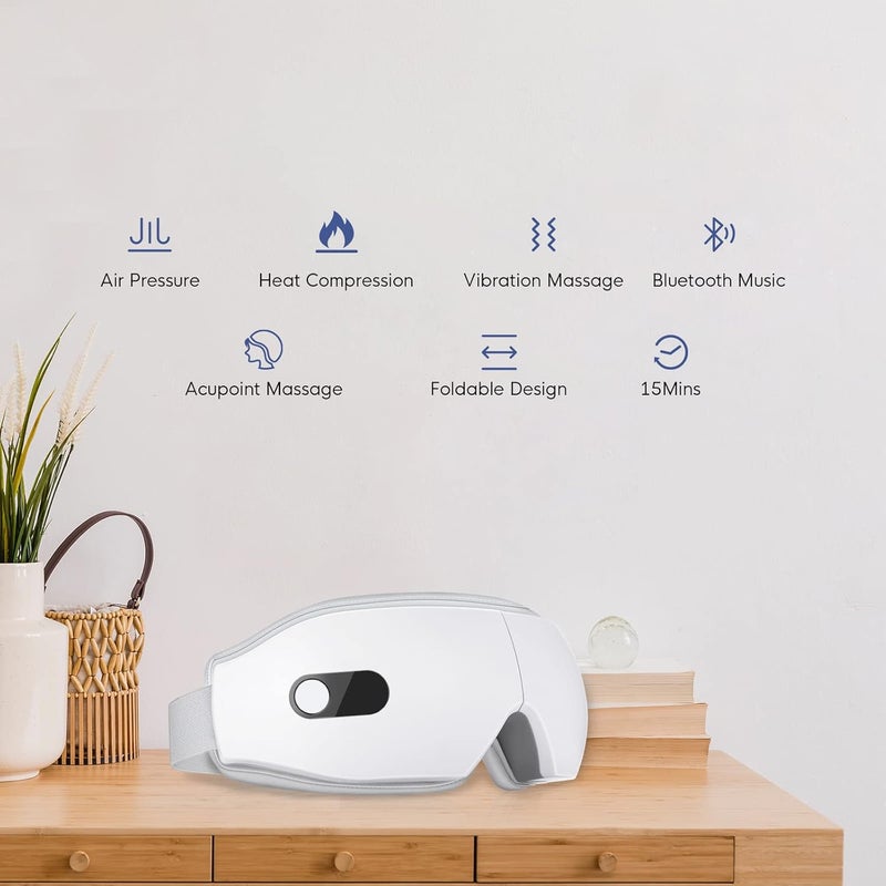 NOWWISH Eye Massager with Heat Vibration and Bluetooth Music for Migraine Headache Relief Cordless Heated Eye Mask with 6 Massage Modes Relaxation Birthday Gifts for Women Men White - Image 4