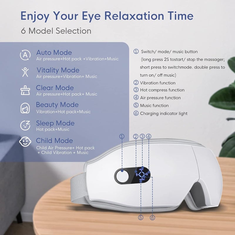 NOWWISH Eye Massager with Heat Vibration and Bluetooth Music for Migraine Headache Relief Cordless Heated Eye Mask with 6 Massage Modes Relaxation Birthday Gifts for Women Men White - Image 3