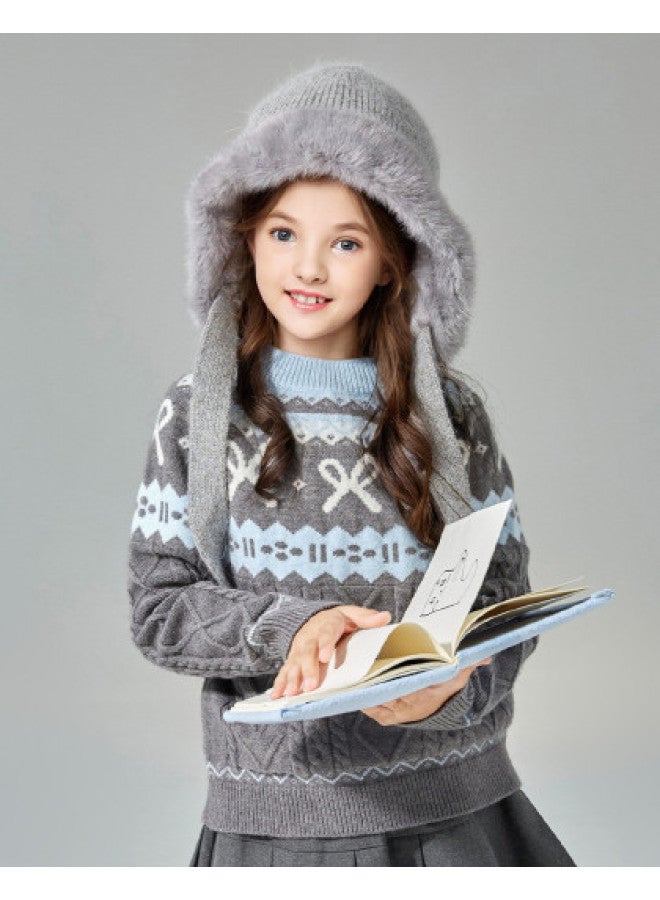DEESHA Retro Fair Isle Color-block Sweater】girls' Autumn And Winter Knitwear, Mid-to-large Size Children's Round Neck Warm Sweater - Image 1