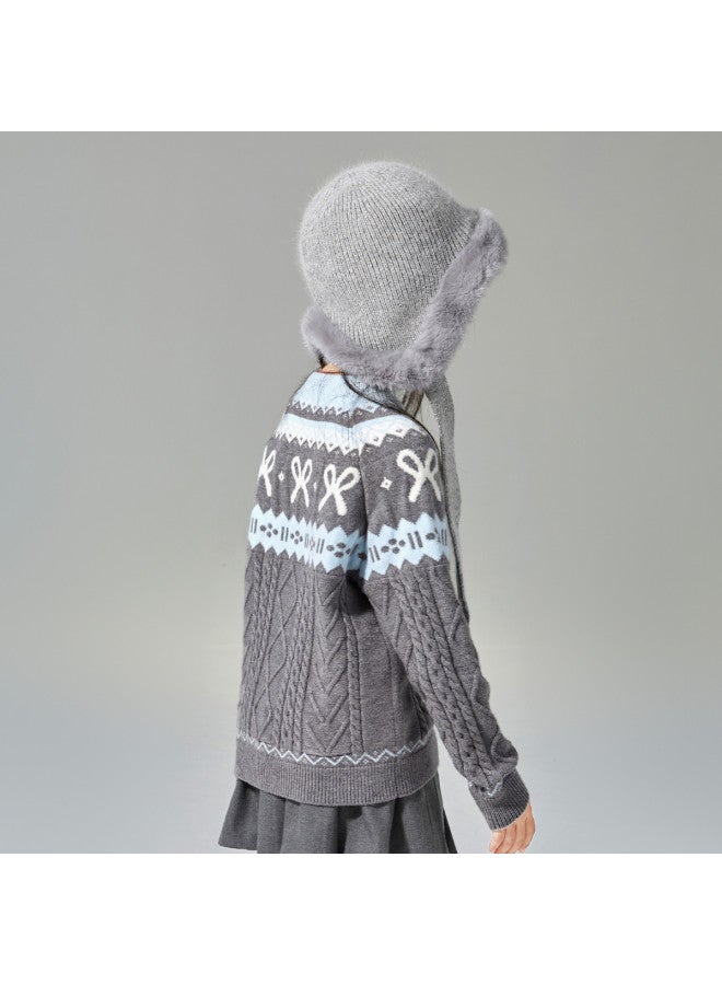 DEESHA Retro Fair Isle Color-block Sweater】girls' Autumn And Winter Knitwear, Mid-to-large Size Children's Round Neck Warm Sweater - Image 3