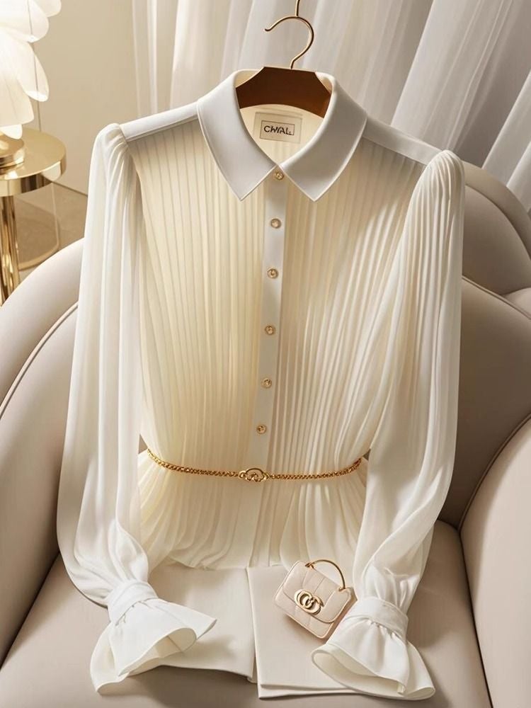 Elegant French Style High-End FeelTop Cracker Khaki Long Sleeve Shirt For Women 2024 Autumn New Arrival With Button Apricot 