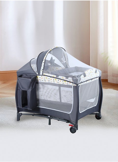 Double Layers Baby Crib Portable Foldable and Movable Diaper Table Baby Care Table Crib with Mosquito Net for 0-36 Months Old Toddler