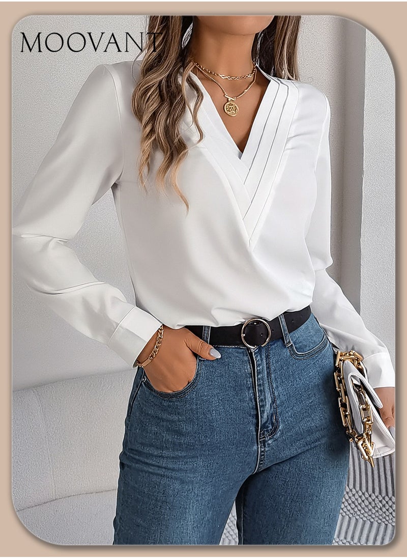 Elegant Women's Solid Color V-neck Long Sleeve Shirt, Premium Fashion Top for Women, White - pzsku/Z3889CE80310794979C48Z/45/_/1730258949/f00b4924-da5d-4f88-9cef-37108238a06a