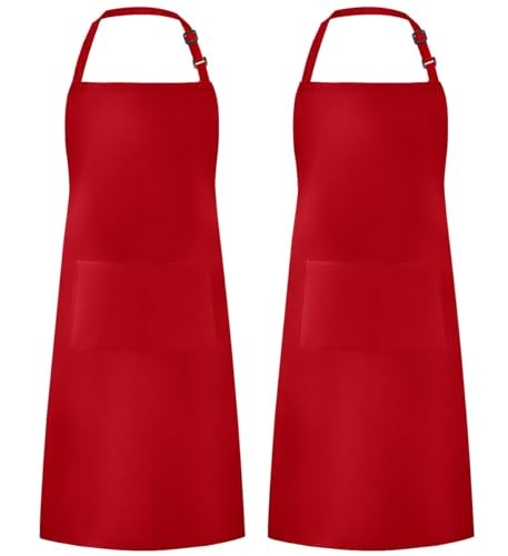 Syntus 2 Pack Adjustable Bib Apron Waterdrop Resistant with 2 Pockets Cooking Kitchen Aprons for BBQ Drawing, Women Men Chef, Red - Image 1