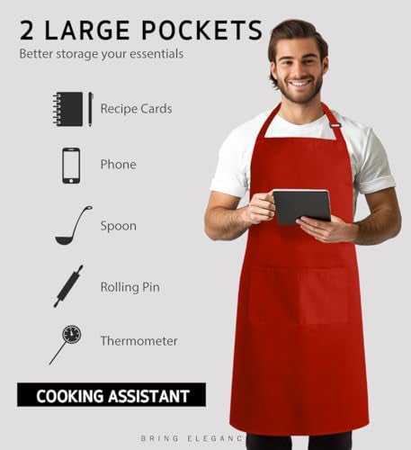 Syntus 2 Pack Adjustable Bib Apron Waterdrop Resistant with 2 Pockets Cooking Kitchen Aprons for BBQ Drawing, Women Men Chef, Red - Image 4