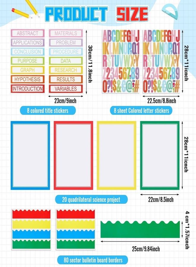 Henoyso 116 Sheets Science Fair Board Supplies 20 Printable Presentation Science Subtitles 80 Scalloped Bulletin Borders 8 Letter Sticker 8 Project Title for School Office (Board No Included) - Image 2