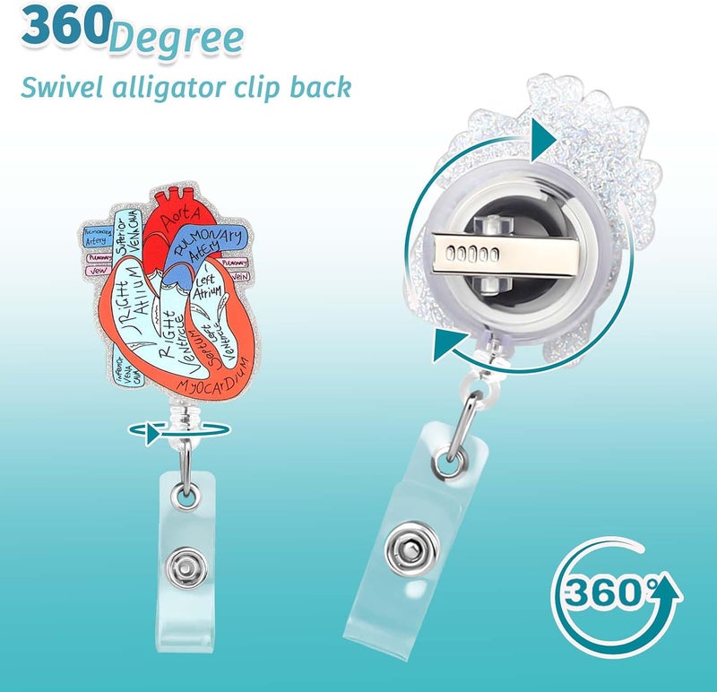 Dimeho Cardiac Badge Holder Heart Retractable Reel ID Card Clip Anatomy Funny Nurse Name Tag Holder Pediatrics Nursing Badge Alligator Clips for Doctor Student Teacher Medical Assistant - Image 5