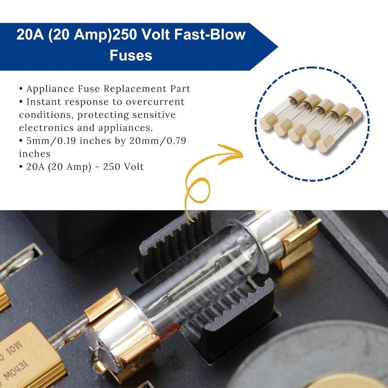 TECKMAN 20A (20 Amp) GMA Glass Fuses, 5x20mm (0.20 x 0.79inches), 250V Fast-Blow, Fast Acting Fuses for Electronics, Appliances, and Circuit Protection, 5 Pack - Image 5