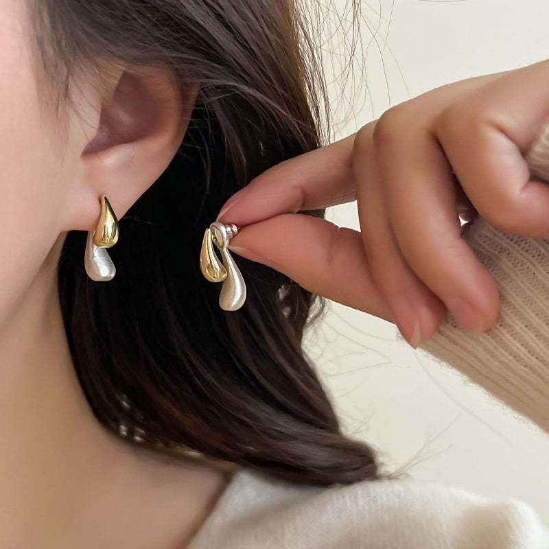 Uarein Two Tone Teardrop Stud Earring for Women Gold Silver Front Back Oval Bean Dangle Earrings Cute Post Ball Earrings Lightweight Chunky Jewelry Gifts (Teardrop) - Image 2