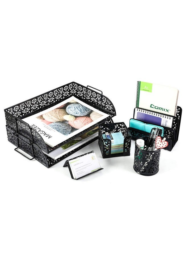 EasyPag 5Piece Desk Organizer Accessories Set 2 Tier Desk Trayletter Sorter Pen Holderbusiness Card Holder And Stick Note Holder Black - Image 1