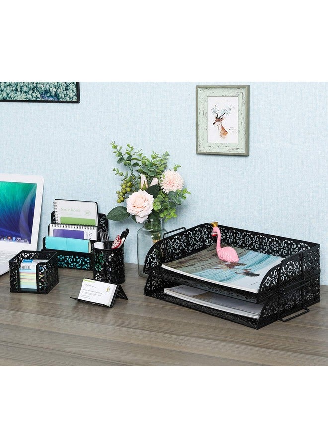EasyPag 5Piece Desk Organizer Accessories Set 2 Tier Desk Trayletter Sorter Pen Holderbusiness Card Holder And Stick Note Holder Black - Image 2