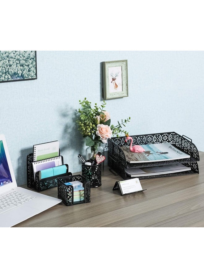 EasyPag 5Piece Desk Organizer Accessories Set 2 Tier Desk Trayletter Sorter Pen Holderbusiness Card Holder And Stick Note Holder Black - Image 3