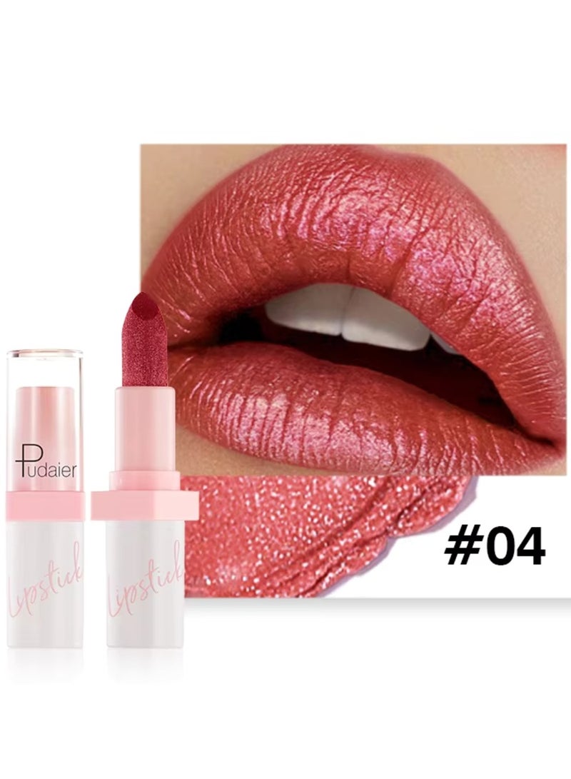 pudaier أحمر شفاه لؤلؤي بريق الماس أحمر شفاه غير لامع طويل الأمد مقاوم للماء برونزي معدني لمسة لامعة ذهبية برونزية براق صبغة شفاه عالية الصبغة غير لاصقة تغطية كاملة بلسم شفاه ملون 04 - Image 2