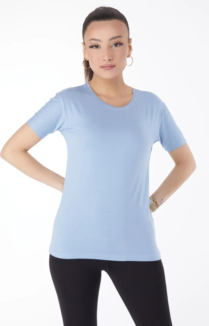 Tofisa Plain Crew Neck Women's Baby Blue Short Sleeve Unprinted T-Shirt 24764