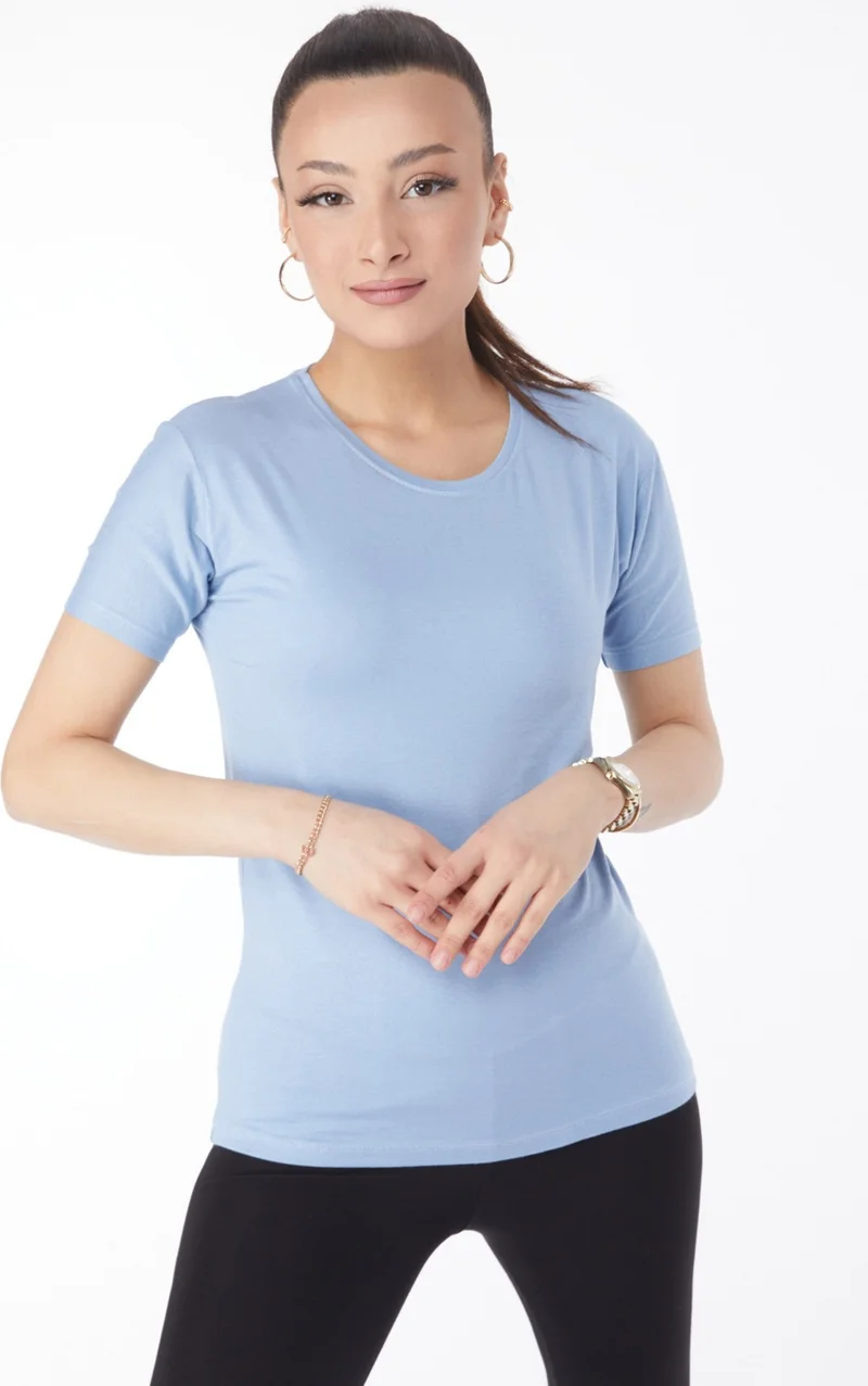 Tofisa Plain Crew Neck Women's Baby Blue Short Sleeve Unprinted T-Shirt 24764
