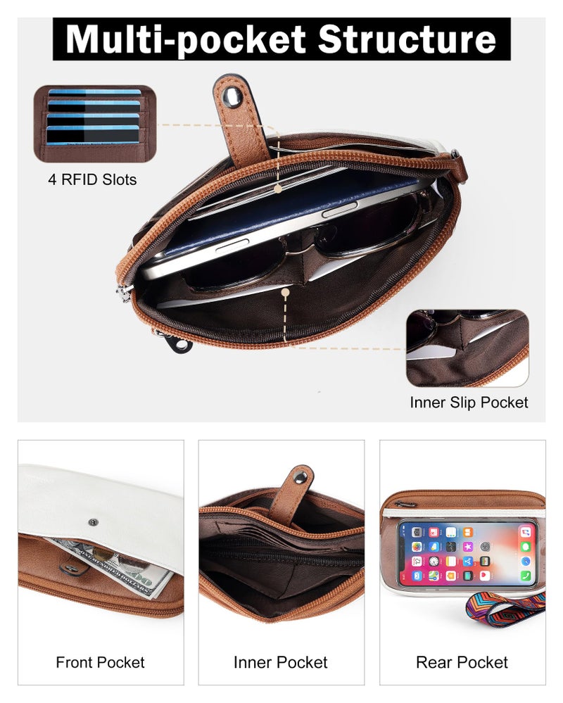 FADEON Slim Wristlet Wallets for Women, Designer Leather RFID Wallet with 3 Zipper Purse for Travel Beige with Brown - Image 3