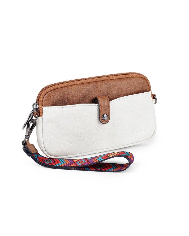 FADEON Slim Wristlet Wallets for Women, Designer Leather RFID Wallet with 3 Zipper Purse for Travel Beige with Brown - Image 1