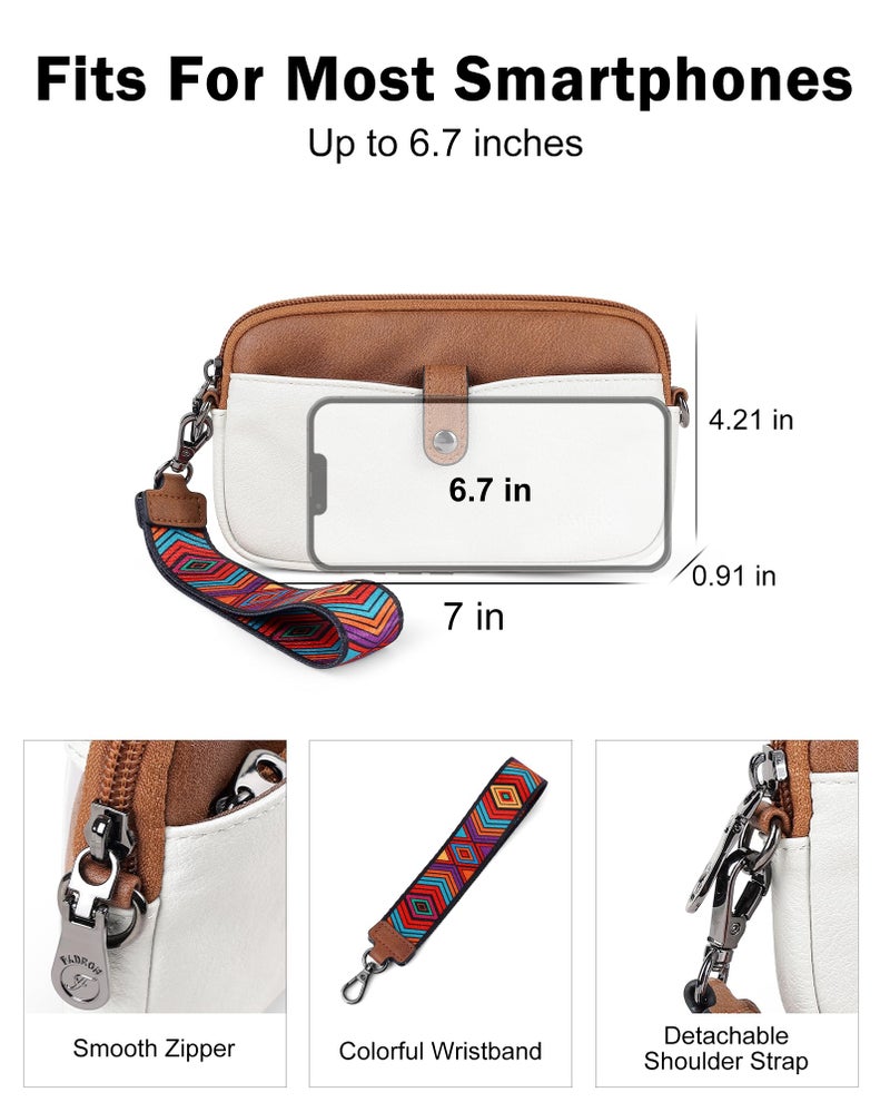 FADEON Slim Wristlet Wallets for Women, Designer Leather RFID Wallet with 3 Zipper Purse for Travel Beige with Brown - Image 4