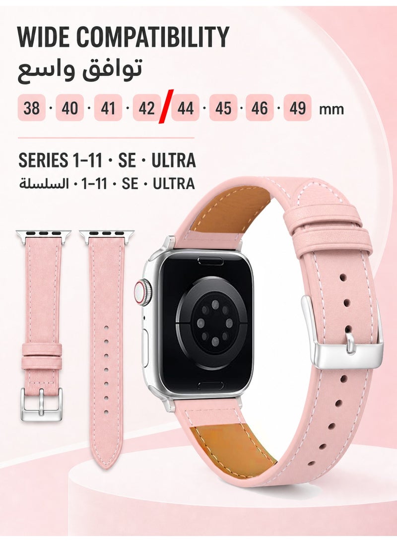 حزام من جلد المايكروفايبر متوافق مع ساعة Apple Watch بمقاس 44 مم/45 مم/46 مم/49 مم، حزام ساعة متين ومقاوم للماء لساعة iWatch سلسلة Series 11 و10 و9 و8 و7 و6 و5 و4 وSE/SE2/SE3 وUltra/Ultra 2/Ultra 3، لون وردي - Image 5