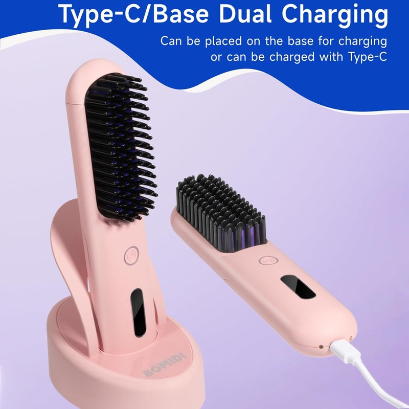 BOMIDI Cordless Hair Straightener Brush with Detachable for Easy Clean, 200M Negative Ions, 6-Speed Smart Temp Control and Type-C/Base Dual Charging, Travel-Friendly Styling Tool - Pink - Image 3