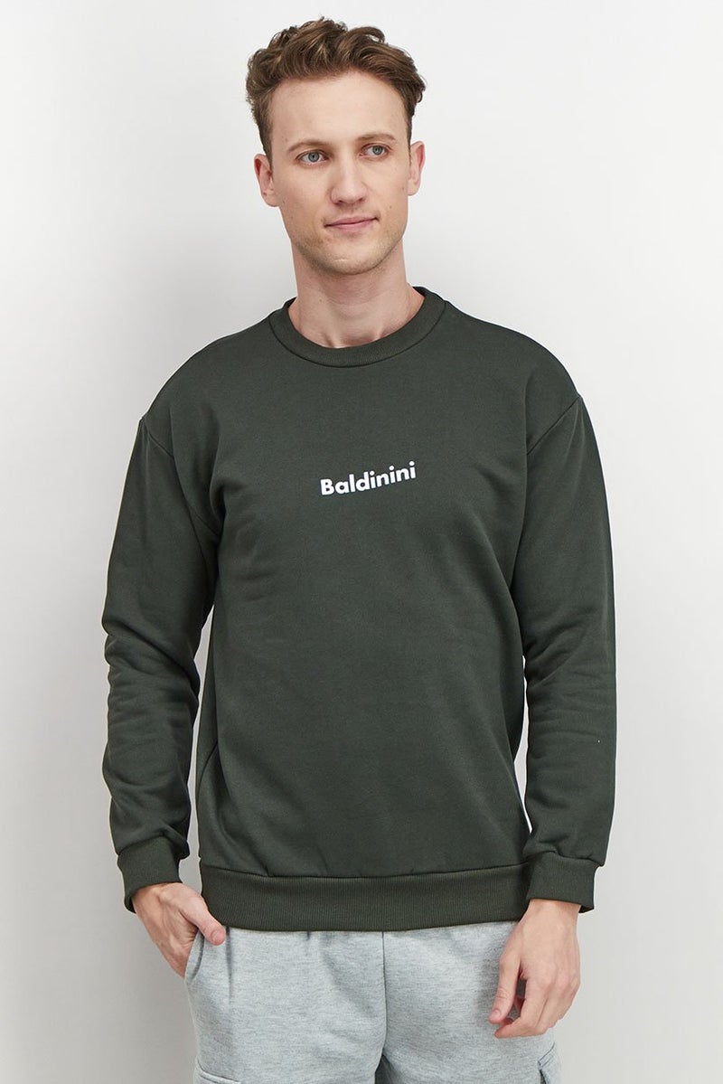 Baldinini Men Crew Neck Long Sleeves Brand Logo Sweatshirt, Green and White - Image 1