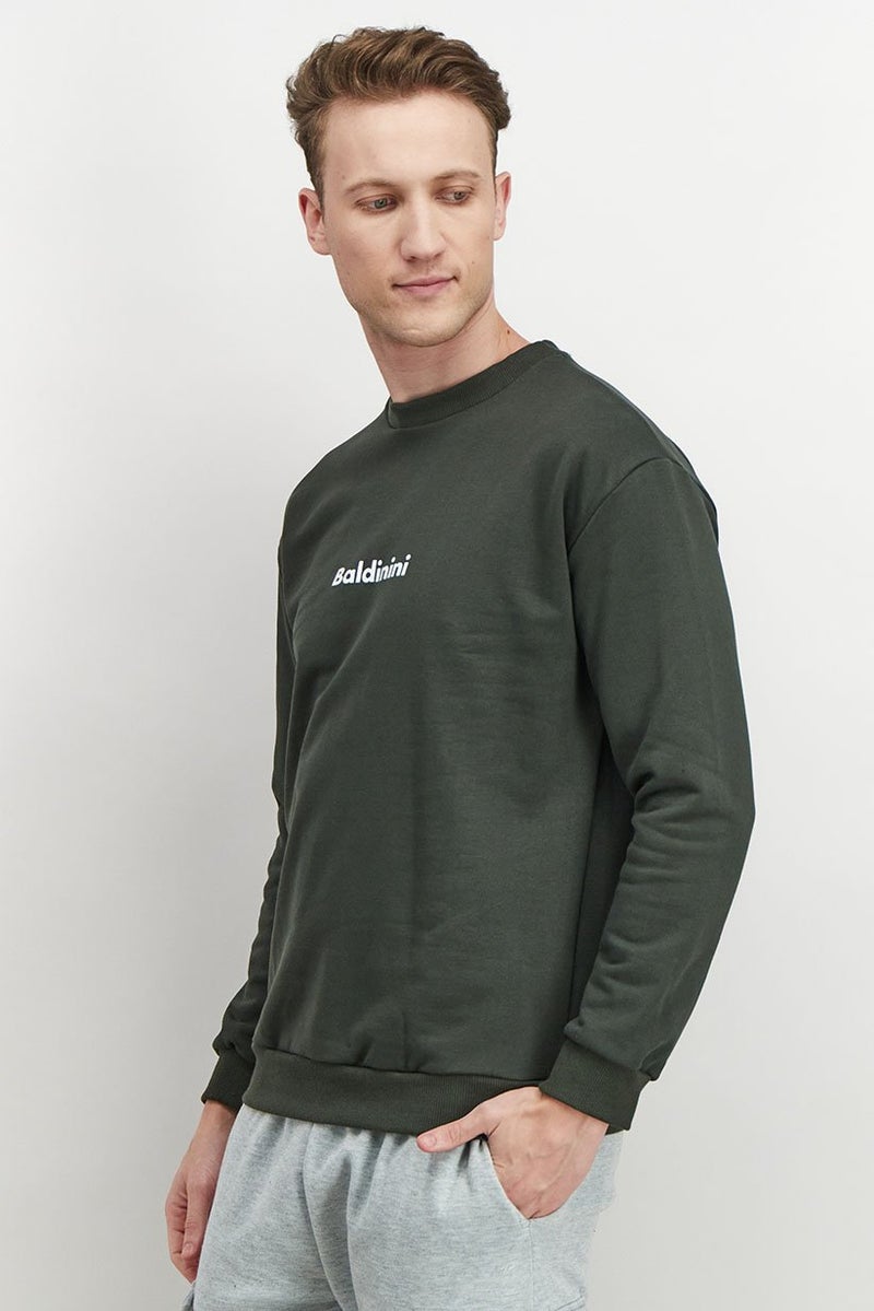 Baldinini Men Crew Neck Long Sleeves Brand Logo Sweatshirt, Green and White - Image 2