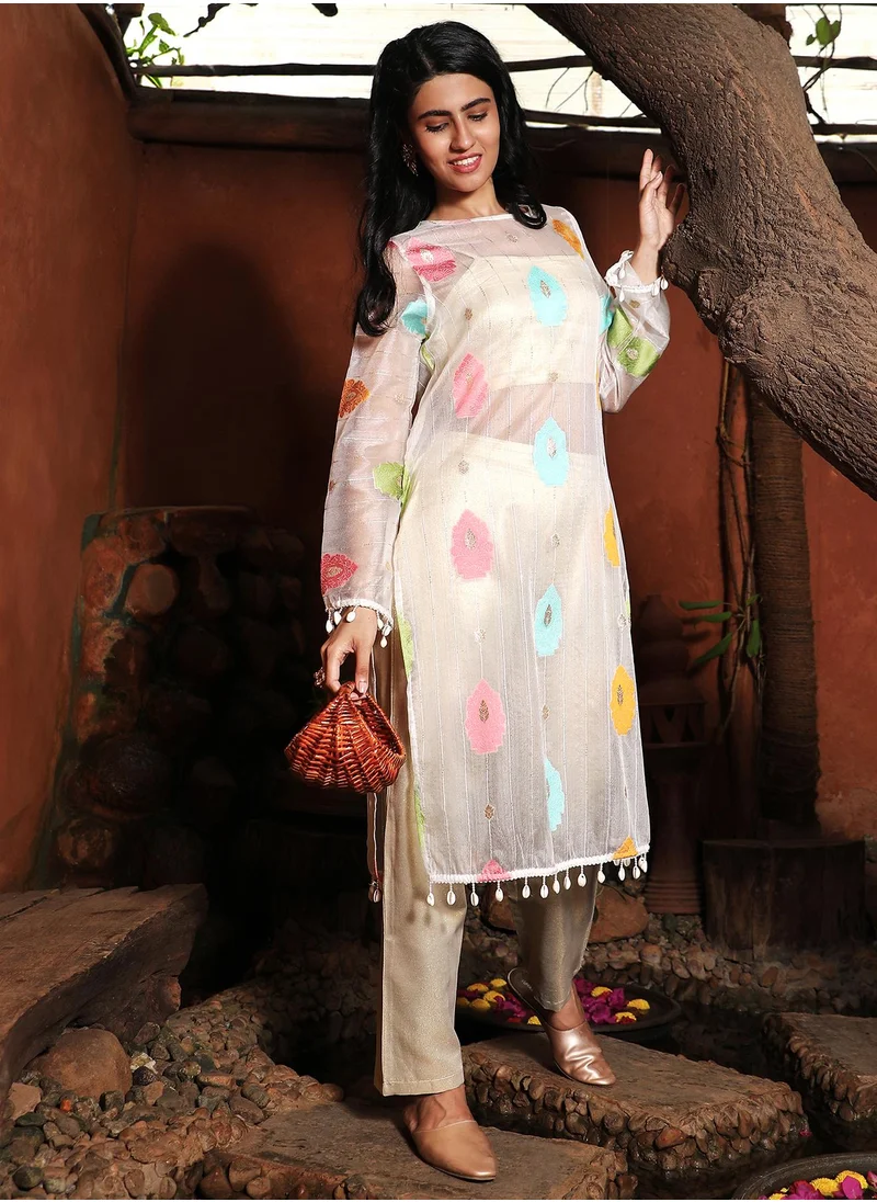  قصة Women's Ivory White Floral Motif Kurta With Crop Top And Trousers