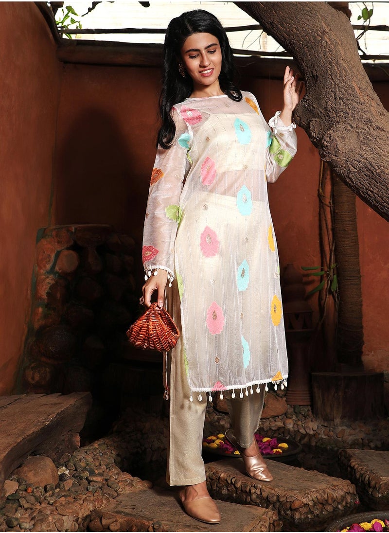 QISSA Qissa Women's Ivory White Floral Motif Kurta With Crop Top And Trousers For Casual Wear | Crew Neck | Long Sleeve | 3 Piece Kurta Set Designed With Comfort Fit For Everyday Ethnic Wear  - Image 1