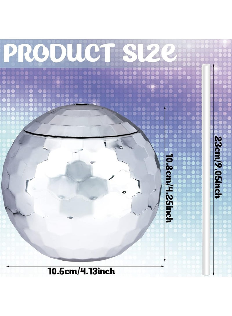 Set of 4 Silver Disco Ball Tumblers with Lids and Straws